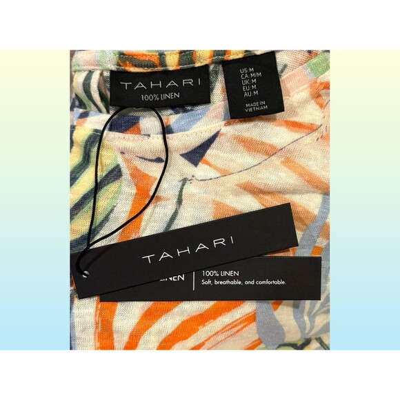 TAHARI 100% Linen Slub Knit Button Back Women’s T-Shirt Top Size M in Leaf Print - Picture 4 of 5